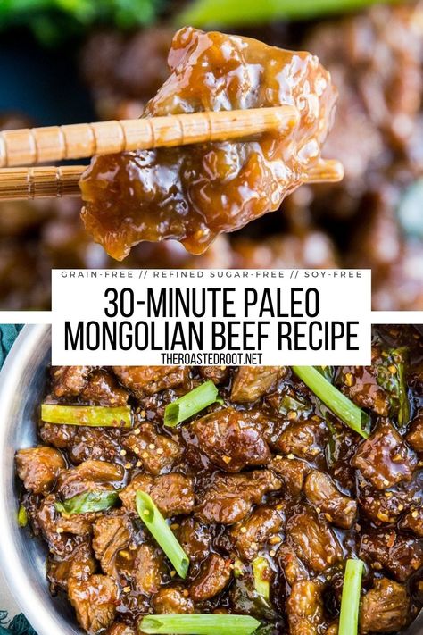 Easy 30-Minute Paleo Mongolian Beef - The Roasted Root Healthy Mongolian Beef, Paleo Chinese Food, Paleo Mongolian Beef, Paleo Orange Chicken, Paleo Entrees, Keto Entrees, Easy Mongolian Beef, Mongolian Beef Recipe, Round Steak Recipes