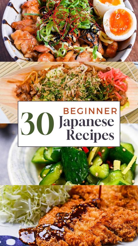 A collage of 4 easy Japanese meals including teriyaki chicken donburi, yakisoba stir fried noodles, easy cucumber pickles with ginger and the ultimate tonkatsu pork cutlet. Japanese Dinner Menu Ideas, Japanese Food Guide, Japanese Home Cooking Recipes, Beginner Japanese Recipes, Japanese Comfort Food Recipes, Japanese Food Meal Prep, Japanese Food Dinner Easy Recipes, How To Cook Japanese Food, Summer Japanese Recipes