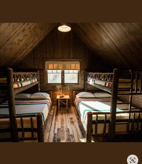 Hunting Cabin Ideas Interiors, Cabin Bunk Room Ideas, Bunk House Plans, Bunkhouse Ideas Guest Cabin, Cabin Loft Ideas, Bunk Cabin, Living Room Dark Academia, Cabin Bunk Room, Adirondack House