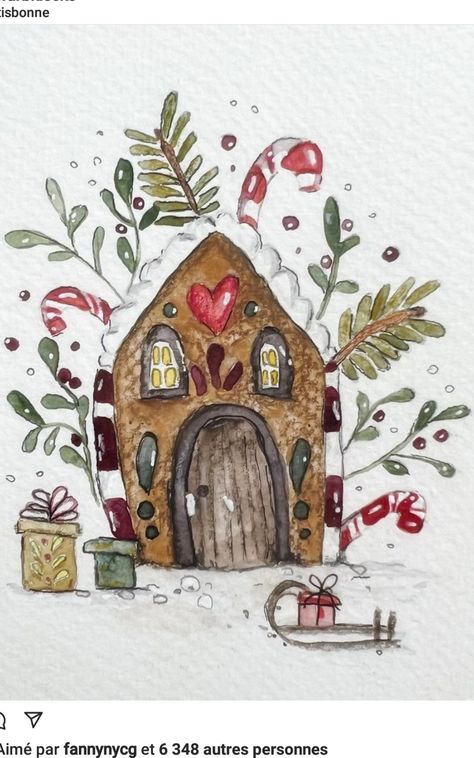 Watercolour Painting Christmas, Gingerbread House Watercolor, Watercolor Gingerbread House, Aquarell Christmas, Watercolor Christmas Cards Diy, Xmas Drawing, Painted Christmas Cards, Christmas Loading, Learn Watercolor Painting