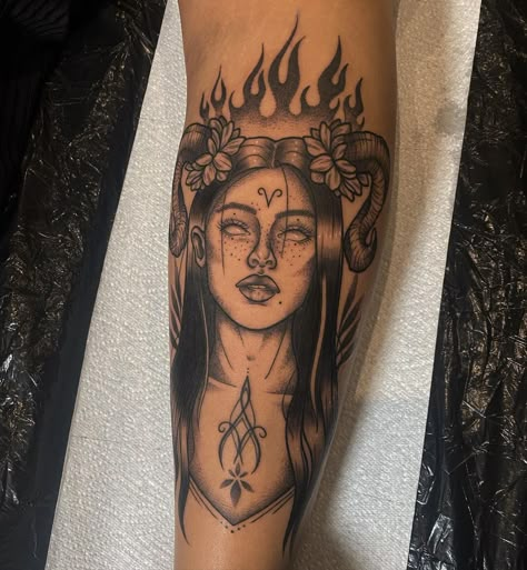 Ram Goddess Tattoo, Zodiac Tattoos Aries Woman, Aries Tattoo Sleeve Women, Ram Tattoo Women, Aries Woman Tattoo Design, Best Aries Tattoos, Aries Back Tattoo Women, Ram Tattoo Aries Women, Aries Sleeve Tattoo For Women