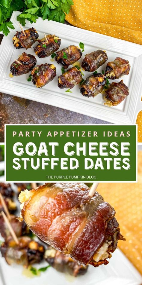 The Holidays are about indulgence and these Goat Cheese Stuffed Dates are the perfect luxurious festive party appetizer. Using Medjool dates, goat cheese, bacon, honey, and almonds, the bacon-wrapped dates are ready for the party table in just 30 minutes. Dates Goat Cheese, Stuffed Dates Wrapped In Bacon, Party Appetizer Ideas, Goat Cheese Stuffed Dates, Cheese Stuffed Dates, Bacon Dates, Bacon Wrapped Cheese, Wrapped Dates, Goat Cheese Appetizer