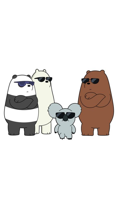 Just look at these cool guys in black sunglasses! This is Panda, Ice Bear, Grizzly, and Nom Nom! The We Bare Bears sticker with Nom Nom Gang!. We Bare Bears Cool Wallpapers, Four Bears Wallpaper, 4 Bears Wallpaper, 4 Pandas Wallpaper, Nom Nom We Bare Bears Aesthetic, Panda And Bear Cartoon, Panda We Bare Bears Cute, We Are Bears Wallpaper, 4 Bears Cartoon