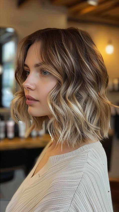 Short Hair, Big Waves: 25 Hairstyles to Amp Up Your Style Short Hair Styles Ombre, Shoulder Length Hair Wavy Natural Blonde, Wavy For Short Hair, Curly Short Hair Balayage, Textured Waves Short Hair, Wavy Hair On Short Hair, Wavy Hair Haircut Short, Short Wavy Hair Balayage, Beach Waved Bob