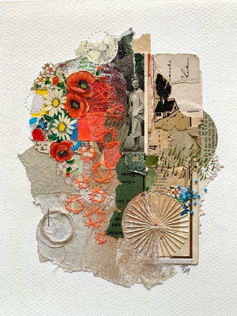 Texture Collage Art, Fabric And Paper Collage Mixed Media Art, Fine Art Collage Mixed Media, Dried Flower Collage, Fashion Art Collage, House Collage Art, Cool Collage Art, Collage Work Ideas, Cool Collage Ideas