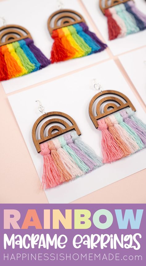 Rainbow Macrame Earrings, Diy Earrings To Sell, Tie Dye Earrings, Rainbow Gift Ideas, Pride Earrings Diy, Macrame Souvenir, Macrame Earrings Diy Tutorials, Yarn Earrings Diy, Yarn Earrings