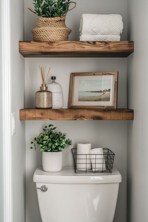 bathroom shelf ideas over the toilet Downstairs Toilet Shelf Ideas, Toilet Room Ideas Storage, Toilet Wall Shelf, Over Bath Shelf, Toilet Room Shelf Decor, Decor For Toilet Room, Toilet Storage Shelf, Basket On Back Of Toilet, Over The Toilet Wall Decor