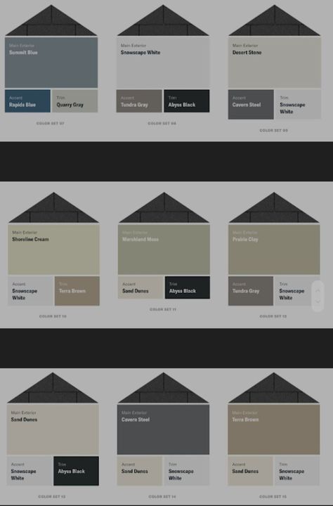 Exterior House Gray Color Schemes, Modern Facade Color Combination, Exterior House Colors With Grey Roof, Color Palette House Facade, Modern House Exterior Color Pallete, Exterior Paint Colors For House With Black Roof, House Facade Color Schemes, Modern House Color Palette Exterior, Black Roof Exterior Color Schemes