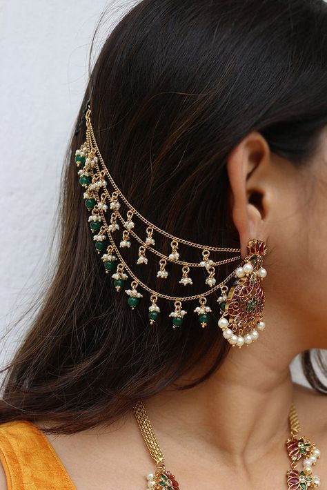 Ear Chain Hairstyle, Earrings With Chain Indian, Champasavaralu Gold Designs, Champaswaralu Designs Gold, Stylish Jewelry Accessories, Vintage Indian Jewelry, Wedding Jewelry Sets Bridal Jewellery, Neck Pieces Jewelry, Silver Jewelry Accessories