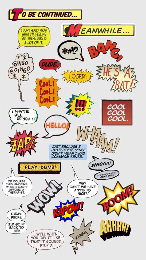 Collage of comic book text bubbles, sound effects, and Spider-Man references. 9-28-24 Comic Sound Effects, Comic Book Bubble, Book Text, Comic Bubble, Comic Text, Text Bubble, Spiderman Comic, Sound Effects, Comic Book