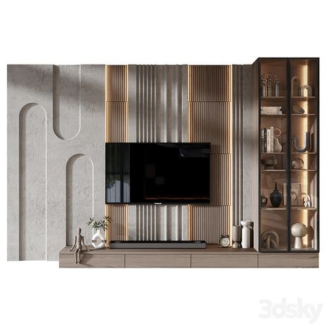 TV shelf 0807 - TV Wall - 3D model Black Tv Panel, Tv Unit Inspiration, Tv Unit Long Wall, Tv Unit Shelf Design, Tv Ledge Design, Tv Unit Lighting, Tv Back Panel Design, Modern Contemporary Tv Unit, Tv Ledge