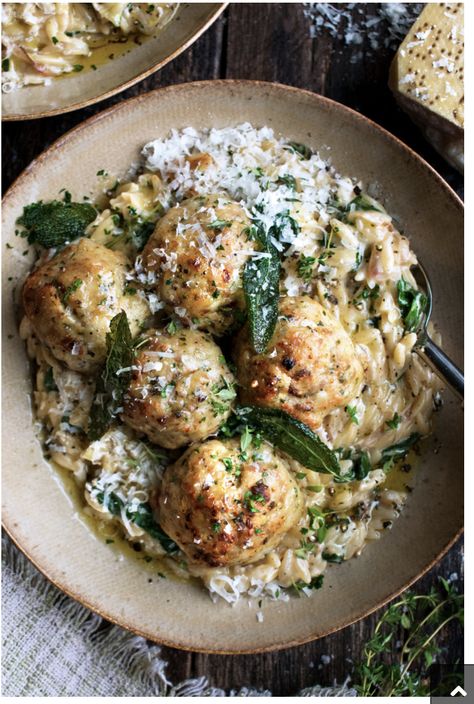 Sage Chicken Meatballs, Newlywed Recipes, Meatballs Orzo, Cycle Food, Salad Orzo, Sides Healthy, Man Meals, Orzo Spinach, Sage Chicken