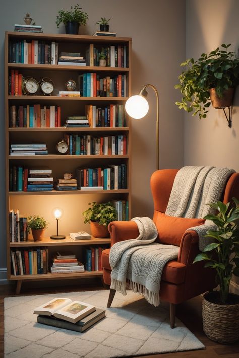 21 Cozy Reading Nook Ideas – The Dear Lab Reading Section In Living Room, Bookshelf Behind Chair, Midcentury Reading Nook, Chairs For Reading Corner, Eames Chair Reading Nook, Reading Nook In Small Living Room, Reading Chair With Lamp, Reading Corner With Fireplace, Reading Nook Two Chairs