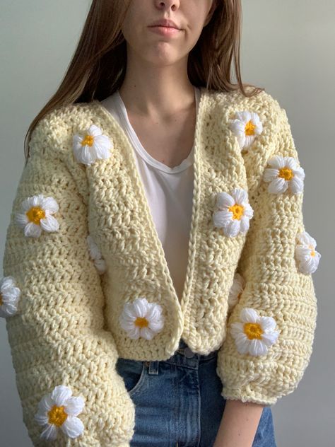 Crochet, flower, cardigan, daisy Crochet Flowers Cardigan, Crochet Daisy Sweater, Cute Crochet Sweater, Daisy Cardigan Crochet, Cardigan Flower Crochet, Crochet Daisy Cardigan, Crochet Cardigan Daisy, Crochet Puff Flower Cardigan, Woolen Sweater Design