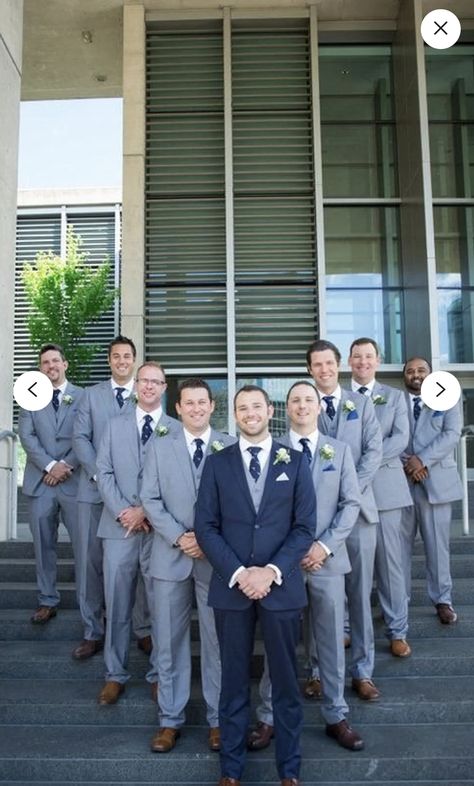 Navy Blue Groom And Beige Groomsmen, Royal Blue And Gray Wedding Theme, 2 Grooms Wedding, Weddings With Blue Color Schemes, Blue Groomsmen Suits Color Schemes, Blue Groom And Groomsmen Suits, Royal Blue Wedding Theme Groomsmen, Dark Dusty Blue Wedding, Navy Blue Tuxedo Wedding