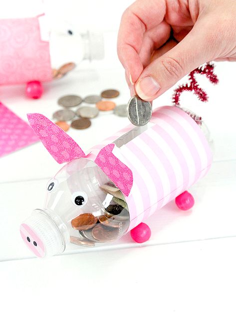 Home Made Piggy Banks Ideas, Recycled Craft Projects For Kids, Money Preschool Craft, Recycle Repurpose Diy Kids, Water Diy Crafts, Things To Make Out Of Water Bottles, Water Bottle Recycle Projects Kids, Recycle School Project For Kids, Reuse Activities For Kids