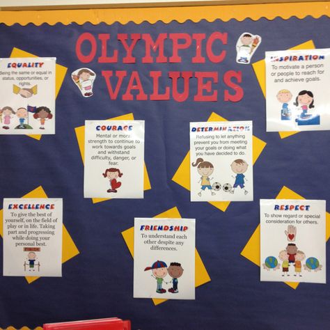 Olympic values for the first quarter Olympics School Theme Bulletin Boards, Olympic Classroom Door, Olympic Themed Classroom, Olympic Theme Bulletin Board Ideas, Olympic Themed Bulletin Board, Olympic Bulletin Boards For School, Olympic School Theme, Olympics School Theme, Olympic Bulletin Board Ideas