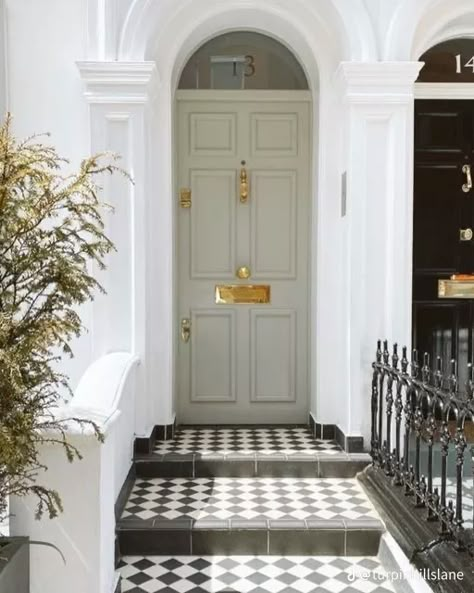 European Front Door Entrance, Victorian Tiled Front Door Step, Arched Porch Door, Front Door With Gold Hardware, English Front Doors Entrance, Victorian House Front Door, Black Victorian Front Door, Victorian Terrace Front Door, Victorian Doors Front Entrance