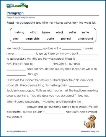 Grade 3 vocabulary worksheets on inserting missing words in a short story. Free pdf practice worksheets from K5 Learning's online reading and math program. Paragraph Writing Worksheets, Paragraph Worksheets, Context Clues Worksheets, Words To Write, Early Science, Worksheets For Grade 3, Cursive Writing Worksheets, 3rd Grade Writing, Comprehension Exercises