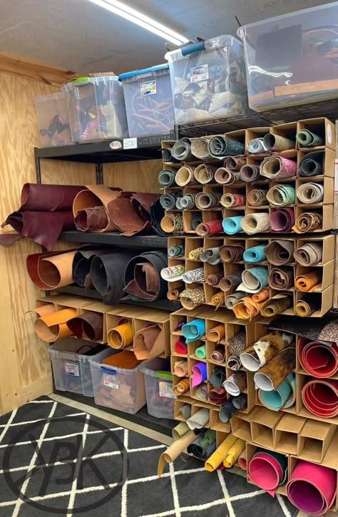 Leather Workbench Ideas, Leather Workshop Ideas Design, Leather Hide Storage Ideas, Leather Shop Organization, Upholstery Shop Organization, Leather Workshop Organization, Leather Storage Ideas, Leather Workshop Studio, Leather Workshop Ideas