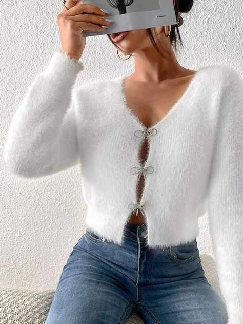 Free Returns ✓ Free Shipping On Orders $49+ ✓. SHEIN Rhinestone Bow Front Fluffy Knit Cardigan- Women Cardigans at SHEIN. Fluffy White Cardigan, White Fuzzy Sweater Outfits, Winter Outfits Elegant, Winter Party Outfits, Work Outfits Winter, Warm Winter Outfits, Hen Do Outfits, Comfortable Winter Outfits, Knit Bolero