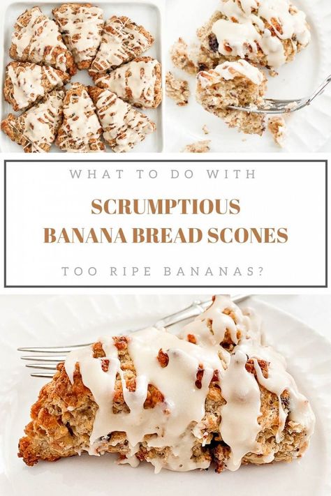 What do you do with too ripe bananas? Make MAPLE GLAZED BANANA BREAD SCONES! They are scrumptious and melt in your mouth! Easy to make dessert or breakfast or treat! #recipe #recipes #dessert #dessertrecipe #sconerecipe #bananarecipe #yummyrecipe #easyrecipe Dessert Scones, Glazed Banana Bread, Banana Scones, Breakfast Scones, Stone Gable, Breakfast Pastry, Make Dessert, Scone Recipes, Overripe Bananas