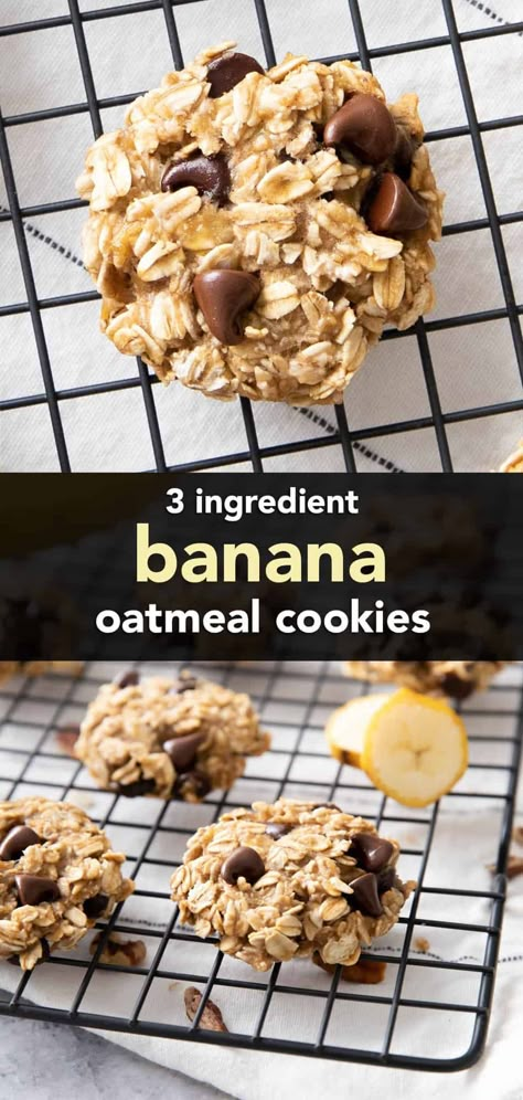 Soft ‘n moist banana oatmeal cookies made with just 3 ingredients, these cookies are healthy, easy to make, and packed with your favorite add-ins! The best 3 ingredient banana oatmeal cookies. | Recipe at BeamingBaker.com Cookies Using Bananas, Easy Banana Oatmeal Cookies, 3 Ingredient Banana Cookies, Healthy Oat Cookies, Banana Oatmeal Recipe, Banana Oatmeal Cookies Healthy, Banana Cookies Healthy, Banana Recipes Easy, Banana Cookie Recipe