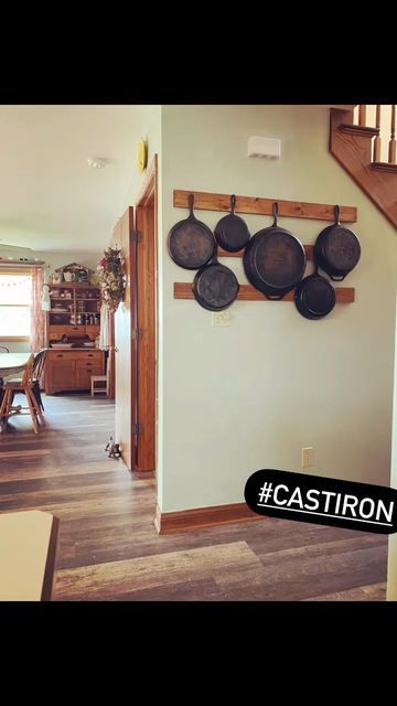 Half Organized Mom on Instagram: "I love my cast iron pans but they take up a lot of room. Wall storage is functional and pretty 🥘 #halforganizedmom #organizedmom #castironpans #castironstorage #wallstorage #functionalandpretty" Cast Iron Pan Wall Storage, Cast Iron Skillet Wall Display Ideas, Cast Iron Pan Holder, Cast Iron Rack, Display Cast Iron Skillets, Cast Iron Skillet Wall Hanger, Pots And Pans Wall Storage, Cast Iron Skillet Hanging Ideas, Storing Cast Iron Skillets