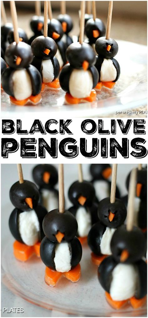 Simple+Olive+Penguins+made+with+black+olives,+mozzarella+balls,+and+carrots,+are+adorable+and+make+a+fun+appetizer!+|+Persnickety+Plates Penguin Mozzarella Balls, Penguin Olive Appetizer, Olive And Mozzarella Penguins, Olive Penguins Appetizers, Black Olive Penguins, Penguin Appetizers Olives, Olive Balls Appetizers, Black And White Appetizers, Penguin Party Food