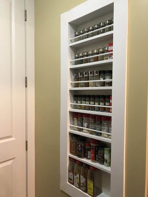 If you’re tired of trying cheap solutions that don’t work in the long run, maybe you’re ready to take on a DIY Built-in Spice Rack. Check out this simple built in that can be easily built over a weekend. | Organization |#DIY | #spicerack | #organization | #ourhappyhive Built In Spice Rack, Spice Wall, Wall Spice Rack, Diy Built In, Diy Spice Rack, Wall Mounted Spice Rack, Spice Shelf, Diy Spices, Kitchen Spice Racks