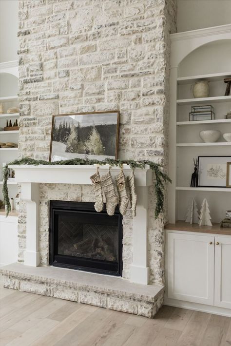 Overgrouted Stone, Overgrouted Stone Fireplace, Modern Farmhouse Fireplace Ideas, Farmhouse Fireplace Ideas, Modern Farmhouse Fireplace, Built In Around Fireplace, Cottage Fireplace, Fireplace Built Ins, Fireplace Mantel Decor