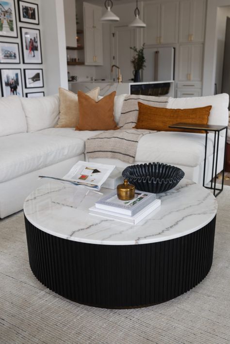 Coffee Table Statement Piece, Marble Round Coffee Tables, Round Coffee Table Sectional Couch, Round Marble Coffee Table Styling, Round Marble Top Coffee Table, Black Marble Coffee Table Living Rooms, Marble Oval Coffee Table, How To Style A Round Coffee Table, Marble Coffee Table Styling