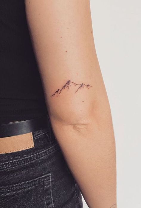 Mountain Back Of Arm Tattoo, Mountain Tattoo With Shading, Mountain Tattoo On Back Of Arm, Mountain Tattoos For Women Forearm, Stay Wild Mountain Tattoo, Glacier National Park Mountain Tattoo, Outside Tattoo Ideas, Mountain Tattoo Side Ribs, Banff Mountain Tattoo