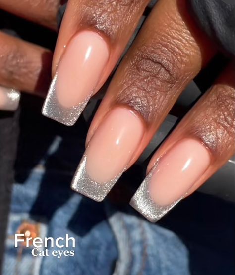 Silver Cat Eye French Nails, Silver Cat Eye French Tip Nails, Cat Eye French Tip Nails Coffin, Magnetic Acrylic Nails, Cat Eye With French Tip Nails, Magnetic Nail Polish French Tip, White Cat Eye French Tip Nails, Cats Eye French Nails, Cat Eye Square Nails