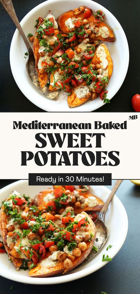 Baked Sweet Potato Chickpeas, Vegan Baked Sweet Potato Recipes, Chickpea Sweet Potato Recipes, Mediterranean Baked Sweet Potatoes, Vegan Baked Potato Recipes, Sweet Potato Daniel Fast Recipes, Anti Inflammation Diet Recipes Dinner, Mediterranean Diet Sweet Potato Recipes, Mediterranean Diet Recipes Vegan