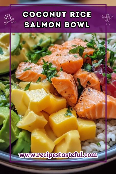 This vibrant and healthy salmon bowl combines fluffy coconut rice with tender salmon, creamy avocado, sweet mango, crunchy cucumber, and a zippy coconut milk dressing. It’s perfect for a fresh and customizable dinner. Rice Salmon Bowl, Mango Salmon, Rice Salmon, Mango Slaw, Salmon Rice, Salmon Rice Bowl, Salmon Bowl, Healthy Salmon, Salmon And Rice