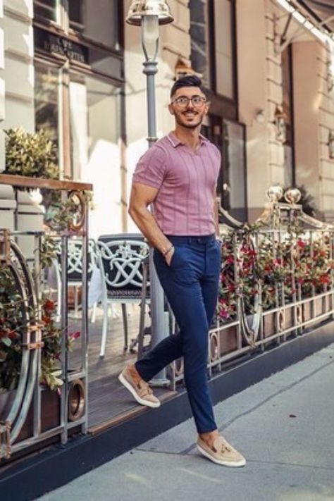 Pink Polo with Blue Pants Hot Weather Outfits For Men (6 ideas & outfits) | Lookastic Purple Polo Outfit, Blue Pants Outfit Men, Long Sleeves Outfit Men, Outfit Semiformal, Purple Pants Outfit, Polo Outfit Men, Polo Shirt Outfit Men, Blue Pants Outfit, Loafers Men Outfit