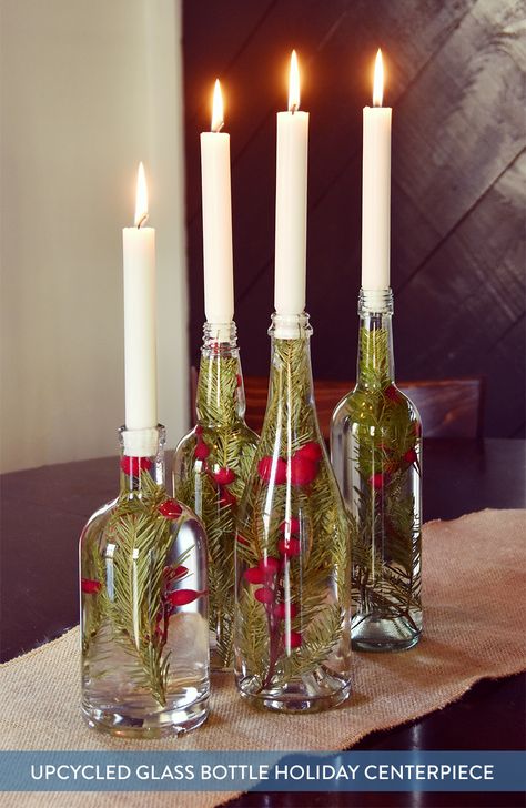 We're halfway through December, it's time to pick out a centerpiece! Try this super easy candle centerpiece that uses upcycled bottles and colorful berries. Simple Candle Centerpieces, Glass Bottle Centerpieces, Upcycled Christmas, Bottle Centerpieces, Candle Centerpiece, Glass Bottle Crafts, Holiday Centerpieces, Candle Centerpieces, White Candles