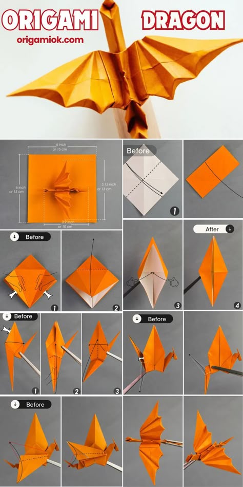 This impressive origami dragon resembles a real one and is not too difficult to create. Challenge yourself by trying to make it, and the finished product will surprise you. Paper Origami Ideas, Free Origami Patterns, Dragon Diy Craft, Dragon Origami Easy, Origami Dragon Step By Step, How To Draw Dragon, Diy Origami Step By Step, Origami Animals Step By Step, Origami Dragon Tutorial