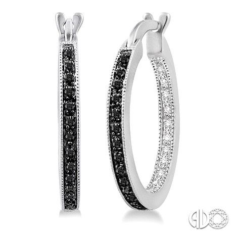 Add some sparkle to her ears with these scintillating diamond hoop earrings. Sparkle perfectly against the luminous sterling silver these earrings are beautifully decorated with accented 44 brilliant black and white round cut diamonds in prong setting and close with secure clasp. #swansonsdiamondcenter #earrings #blackdiamond