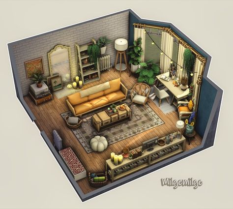 You can also find me on Instagram: milgemilge Sims 4 Colorful Living Room, Living Room Designs Sims 4, Sims 4 Room Ideas Living Room, Sims 4 Boho House, Sims4 Living Room Ideas, Sims 4 Living Room Ideas No Cc, Sims Living Room Ideas, Interior Sims 4, Sims Home Decor