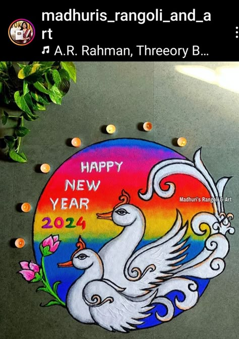 Rangoli For New Year Design Creative, Duck Rangoli Design, New Year Easy Rangoli, Rangoli Designs Happy New Year, New Year Rangoli Design 2024 Unique, Happy New Year Rangoli 2024, Rangoli Designs Latest New Year, New Year Special Rangoli Design Latest, New Year Rangoli Ideas