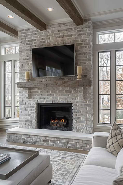 40 Cozy Gray Brick Fireplace Inspirations for a Stylish Home Gray Brick Fireplace, Brick Fireplace Ideas, White Wash Brick Fireplace, Grey Fireplace, Built In Around Fireplace, Gray Brick, Brick Fireplace Makeover, Fireplace Built Ins, Casa Country