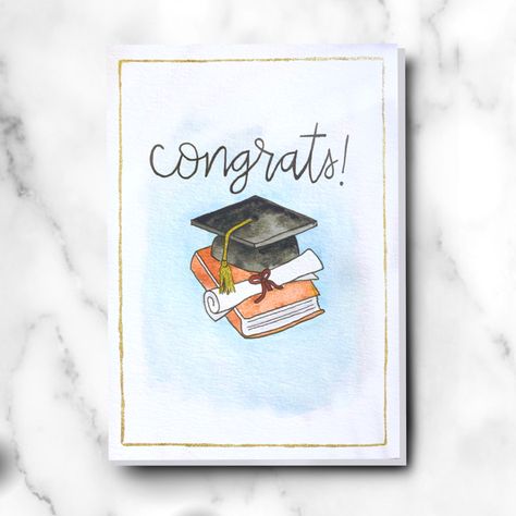 Graduation Watercolor Painting, Watercolour Graduation Cards, Graduation Cards Handmade Watercolor, Graduation Day Decoration, Watercolor Graduation Cards, Small Card Ideas, Grad Card Ideas, Graduation Watercolor, Water Colour Ideas