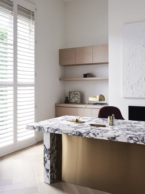 Contemporary Desks For Home Office, Marble Desk Office, Marble Office Desk, Marble Office, Construction Photography, Eames House Bird, Steel Frame Doors, Marble Desk, Off White Walls