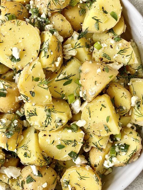 bowl of potatoes, potato chunks, dill, feta cheese crumbles Greek Veggies, Greek Potato Salad, Potato Salad Dill, Greek Lemon Potatoes, Loaded Potatoes, Potatoe Salad, Greek Potatoes, Easy Potato Salad, Potato Salads