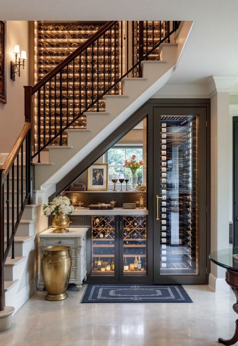 Staircase Storage Under Stairs Wine Cellar In House, Wine Display Under Stairs, Wine Cupboard Under Stairs, Under Stairs Wine Fridge, Wet Bar Under Staircase, Under The Stair Wine Cellar, Understair Wine Room, Wine Room Under Staircase, Under Staircase Wine Cellar