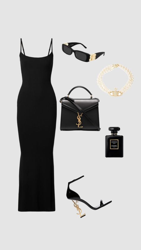 Saint Dress, Ysl Clothes Aesthetic, Luxury Black Fitted Satin Dress, Yves Saint Laurent Aesthetic, Ysl All Black Bag, Saint Laurent Outfit, Ysl Short Black Dress, Ysl Dress, Evening Dress Outfit