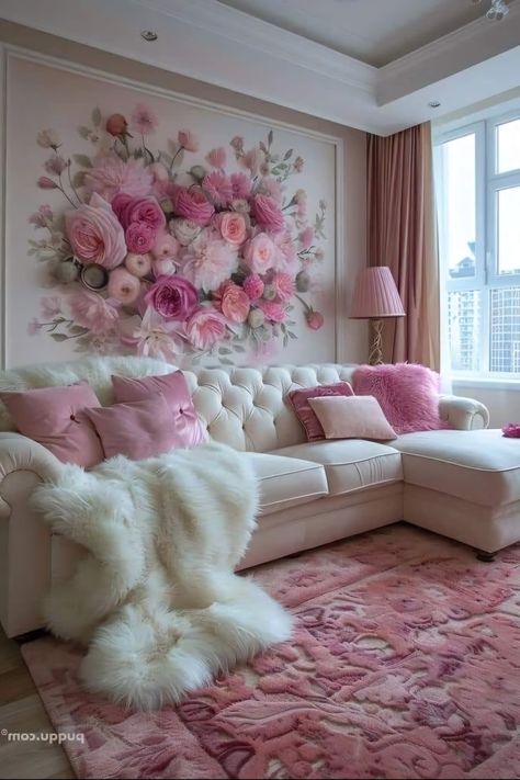 Girly Apartments, Girly Apartment Decor, Pink Living Room, Pink Room, A Living Room, Dream House Decor, Shabby Chic Decor, Dream Home Design, Luxury Living Room