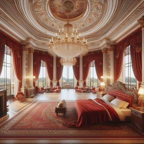 Royal Hotel Room, Royal Castles Interior, Anime Bedrooms, Black Palace, Vampire Lord, Red Castle, Mansion Bedroom, Castle Rooms, Royal Bedroom